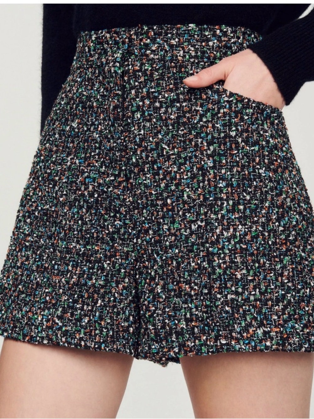 Sandro Black Tweed Multicolor Fleck High-Waist Shorts